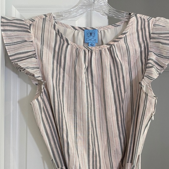 CeCe Flutter Sleeve Metallic Stripe Ruffled Dress - Picture 7 of 8